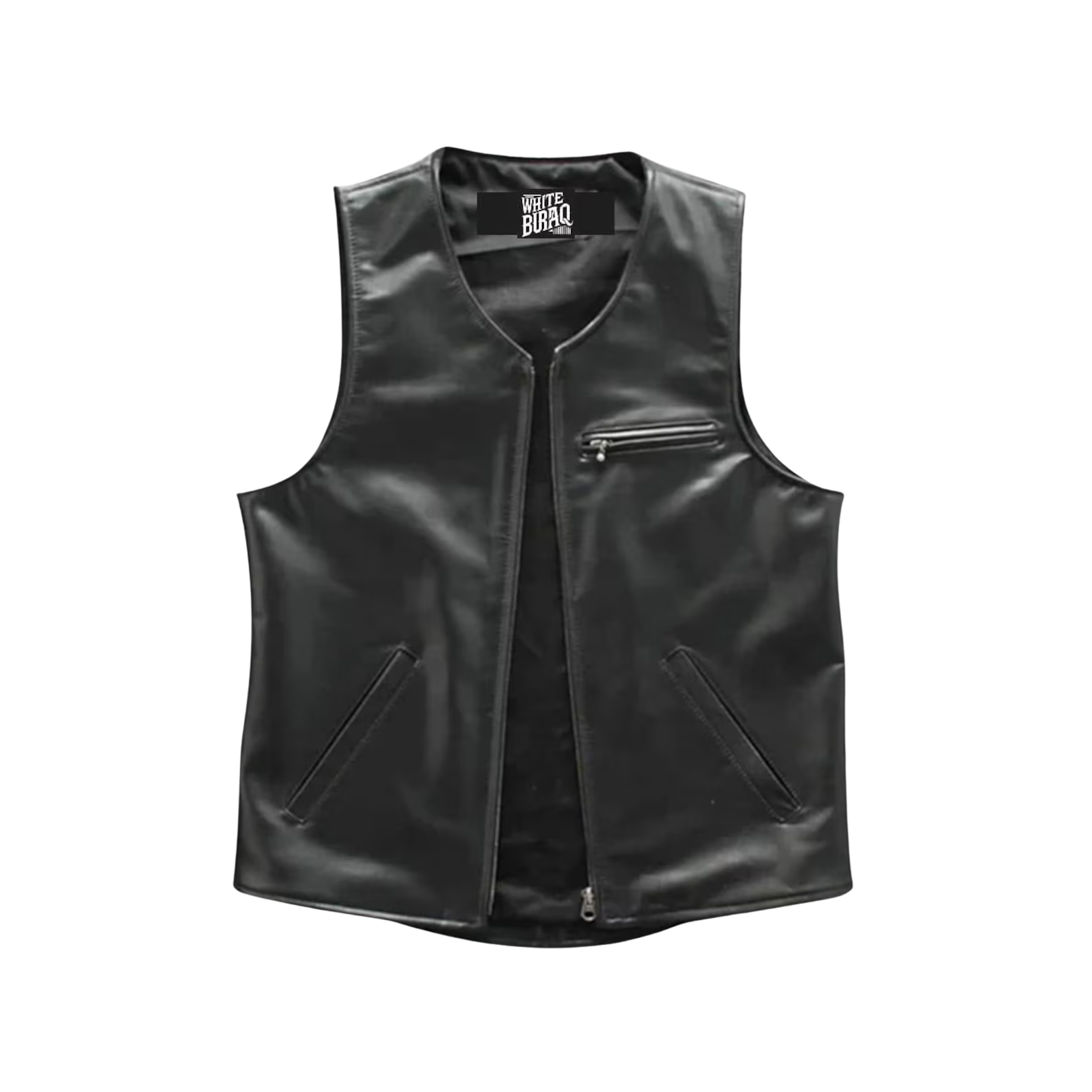 Black leather vest with a brand label 