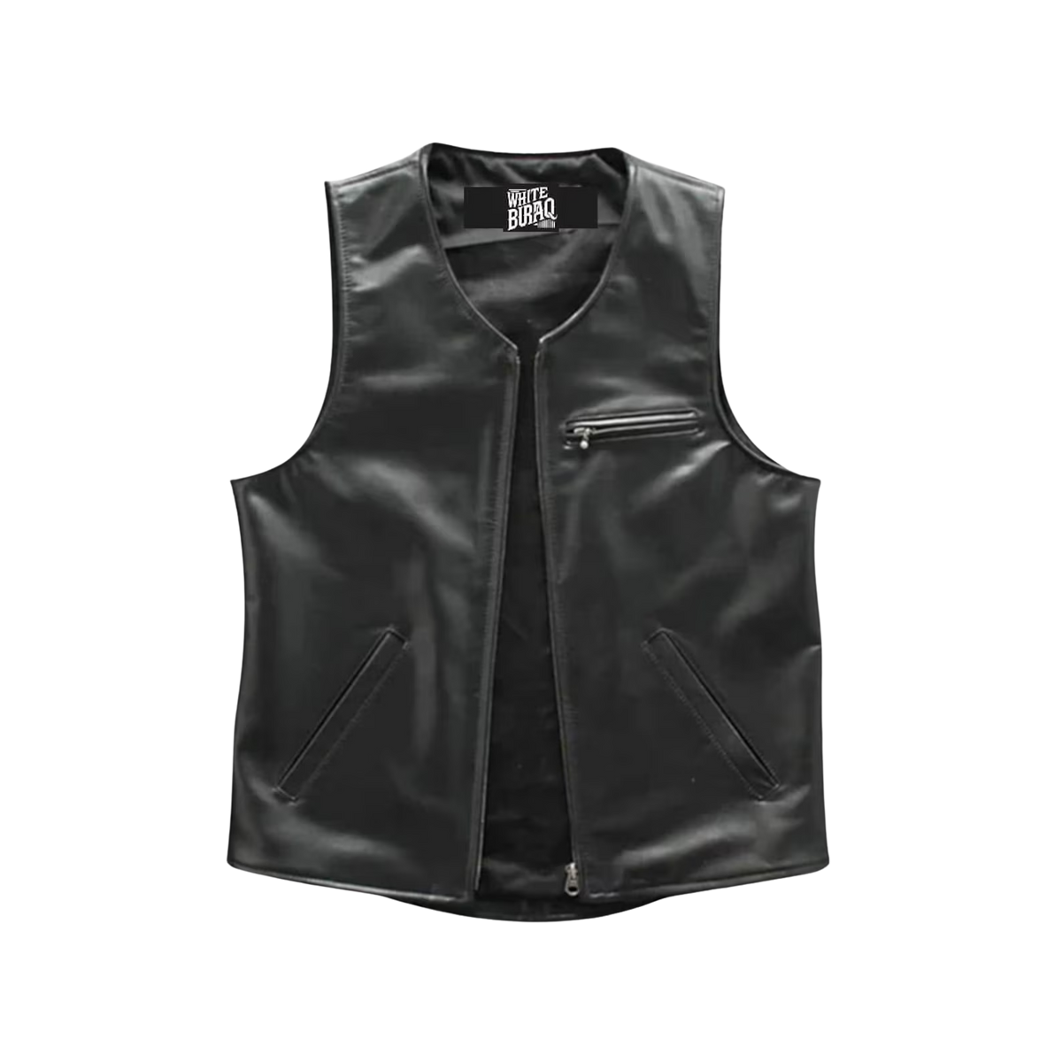 Black leather vest with a brand label 