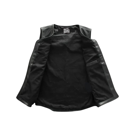 Black sleeveless jacket with leather accents 