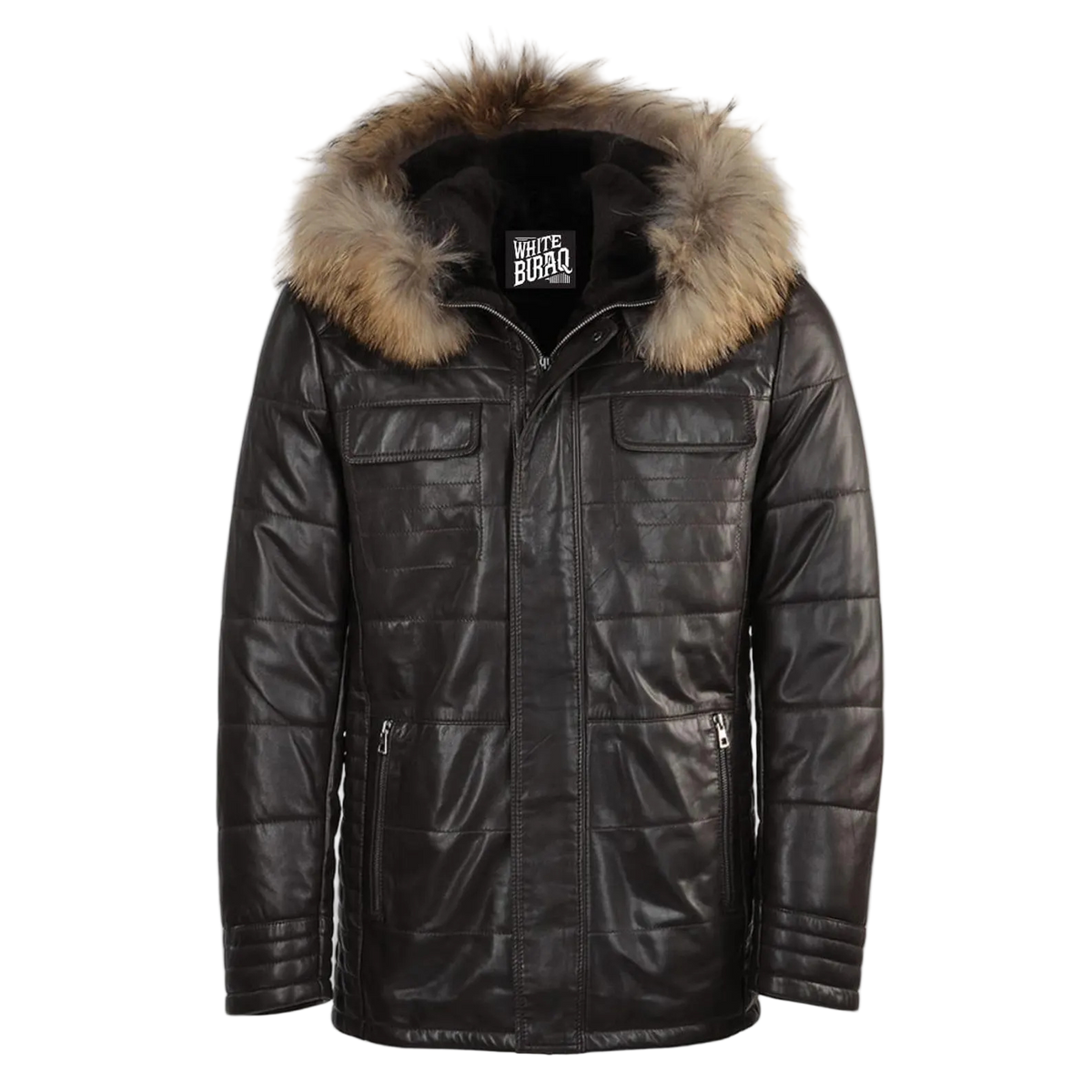 Black leather jacket with fur hood 