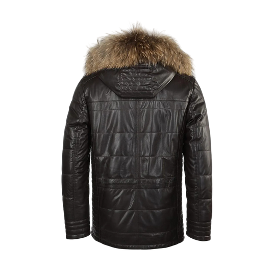 Black leather jacket with fur hood