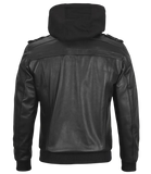 Black leather jacket with a hood 