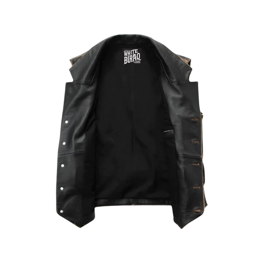 Black leather vest with visible branding 