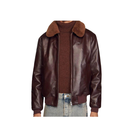 Brown leather jacket with fur collar 