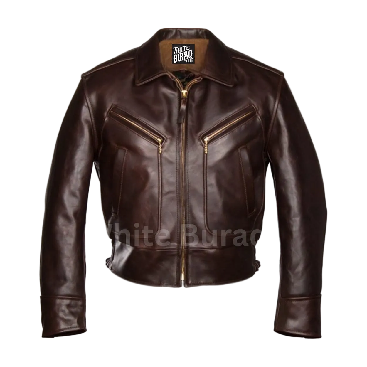 Brown leather jacket with gold zippers 