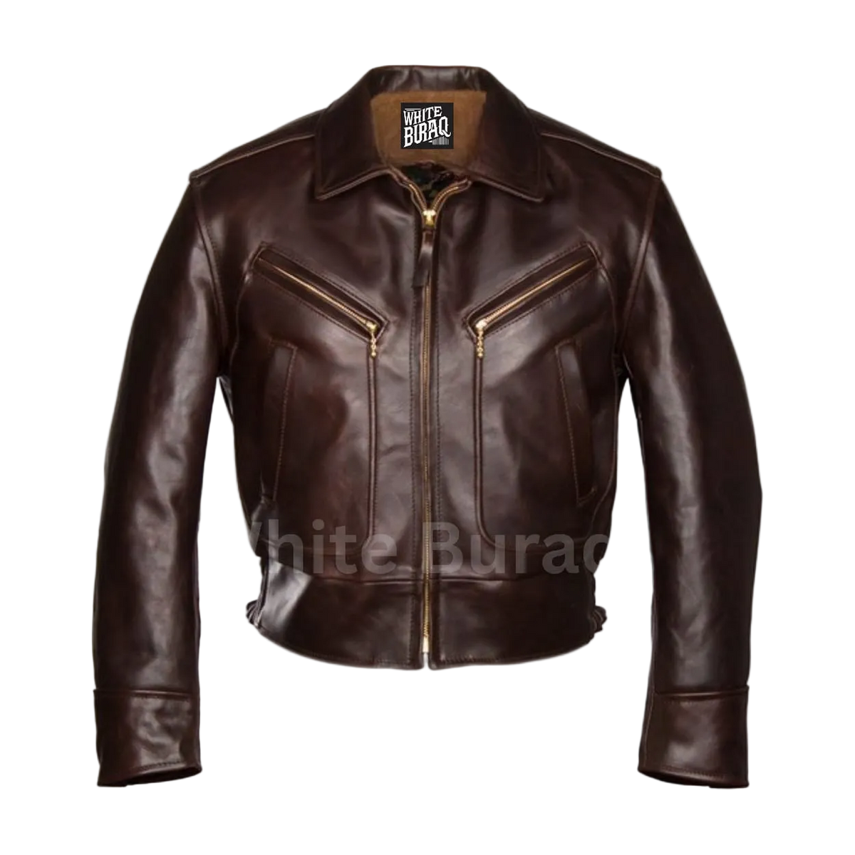 Brown leather jacket with gold zippers 