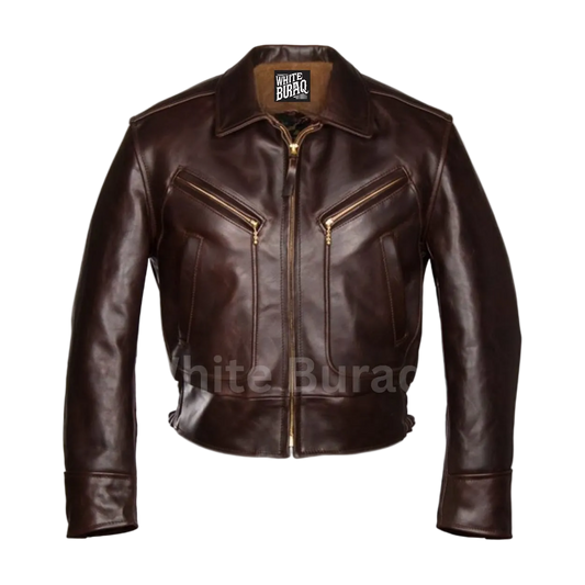 Brown leather jacket with gold zippers 