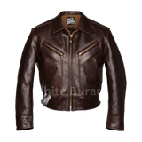 Brown leather jacket with gold zippers 