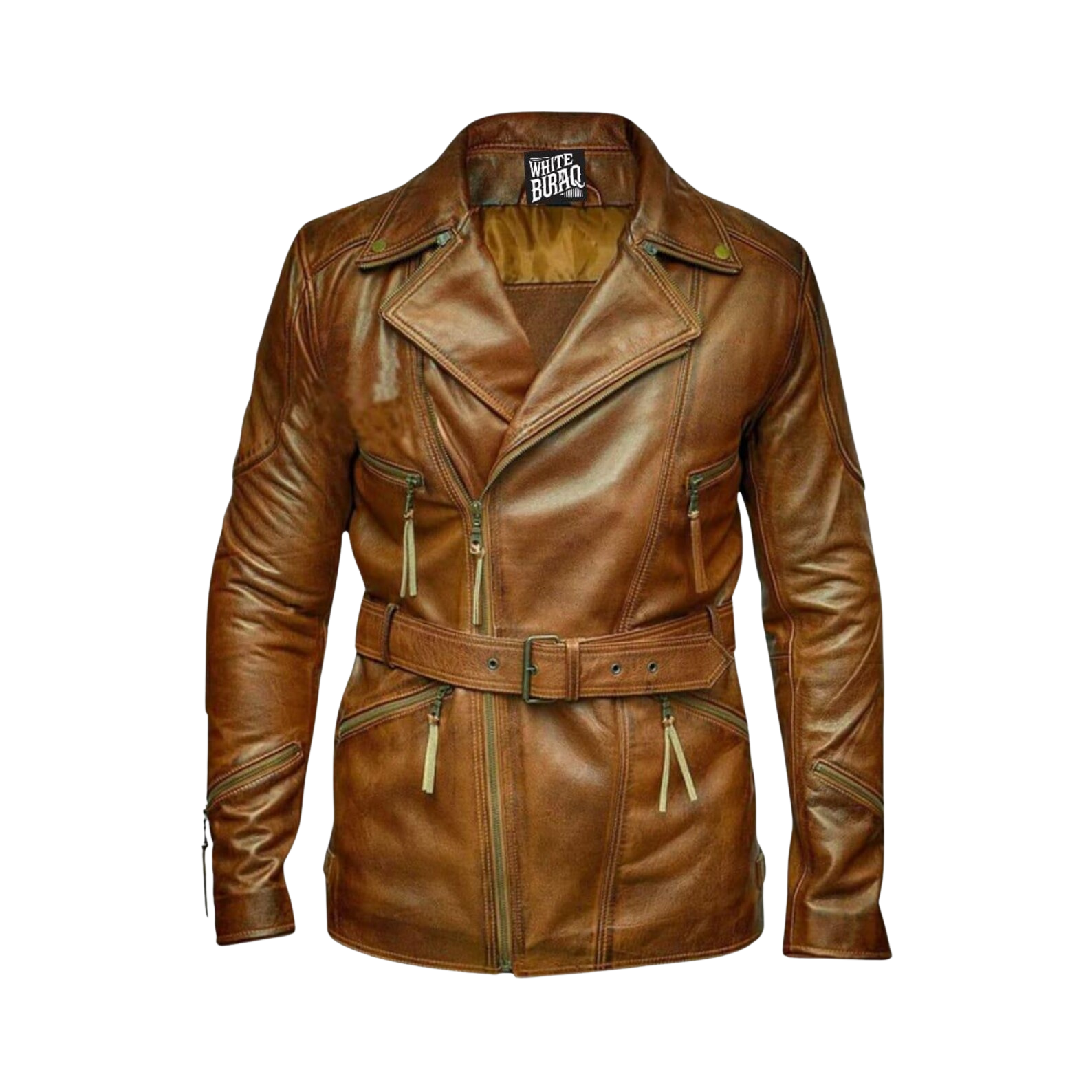 Brown leather jacket with a belt and visible branding 