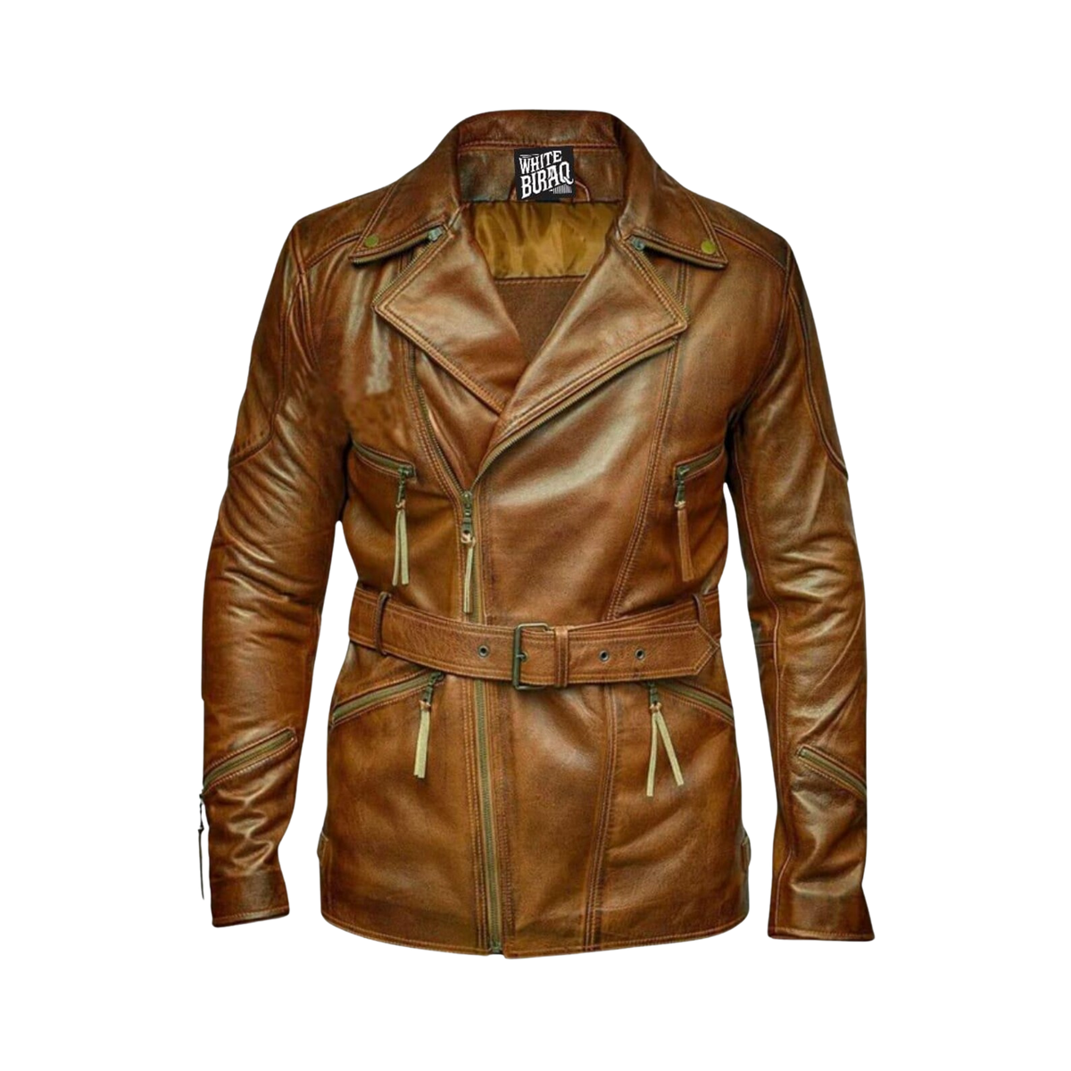 Brown leather jacket with a belt and visible branding 