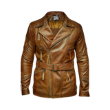 Brown leather jacket with a belt and visible branding 
