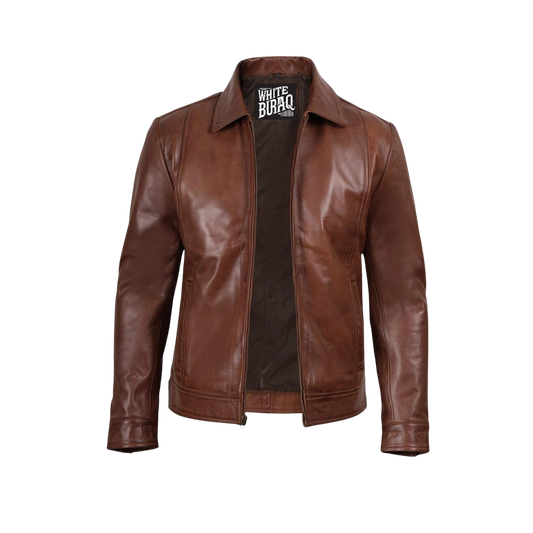 Brown leather jacket with a visible brand label 
