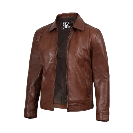 Brown leather jacket with a brand label 