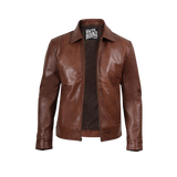 Brown leather jacket with a visible brand label 