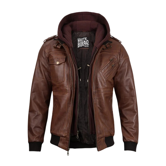 Brown leather jacket with a hood 
