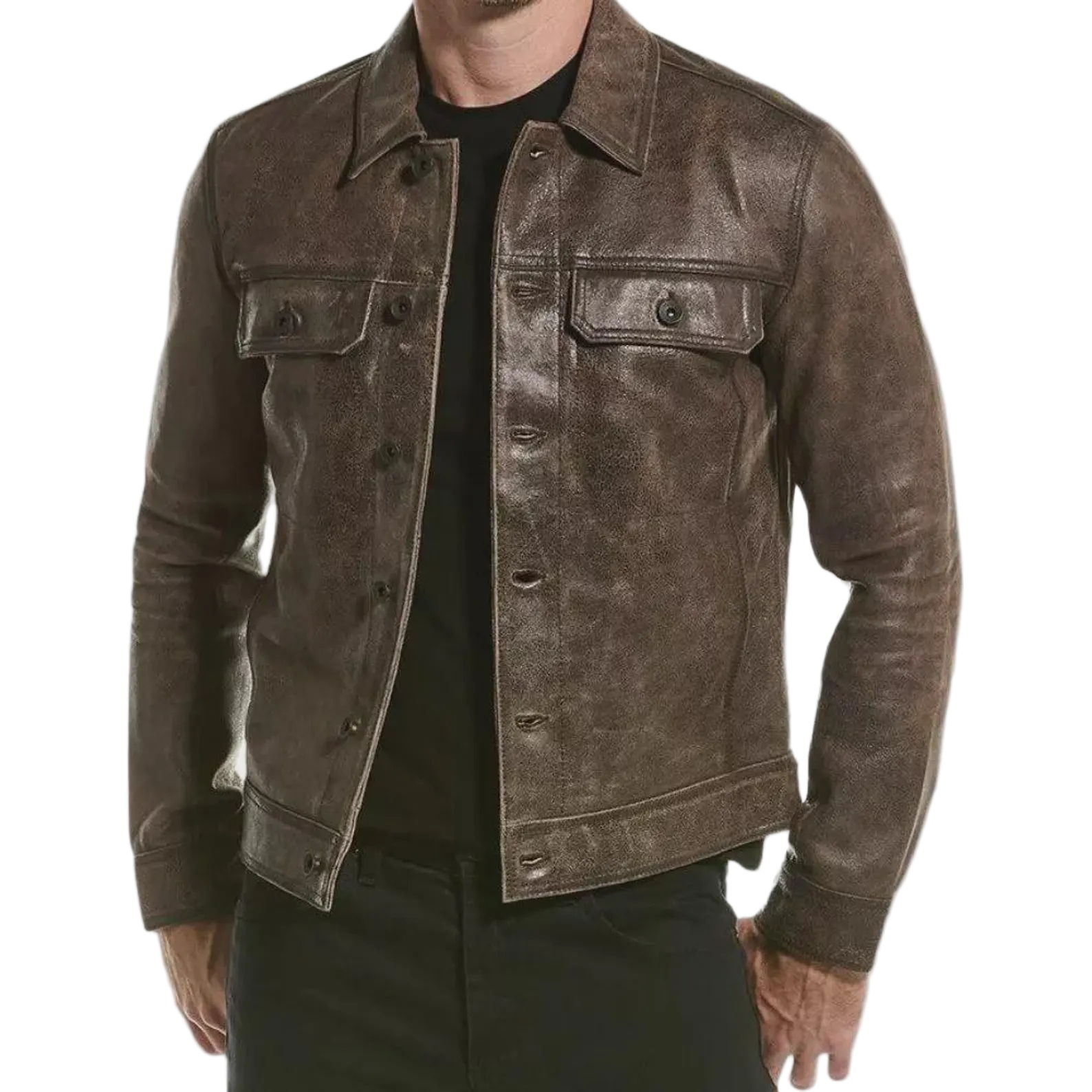 Brown leather jacket worn by a person 