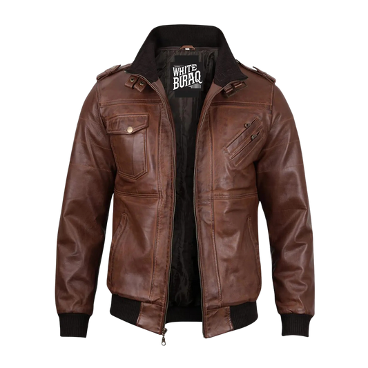 Brown leather jacket with visible brand logo 