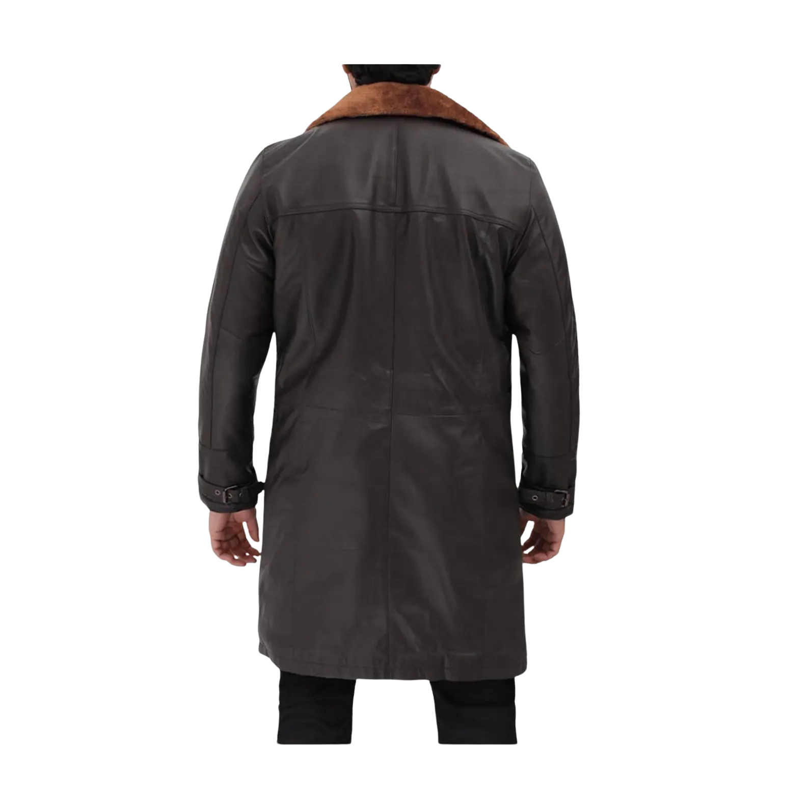 Long dark coat with brown collar 