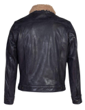 Black leather jacket with beige fur lining 