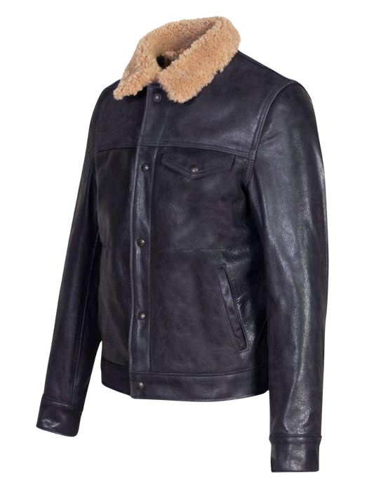 Black leather jacket with beige fur collar 