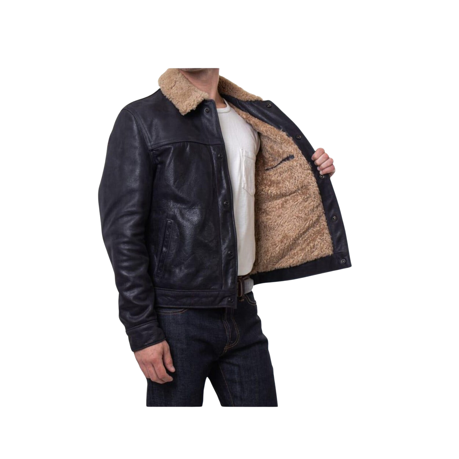 Black leather jacket with beige shearling lining worn by a person 