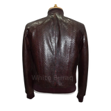 Brown leather jacket with snake skin pattern on a mannequin 