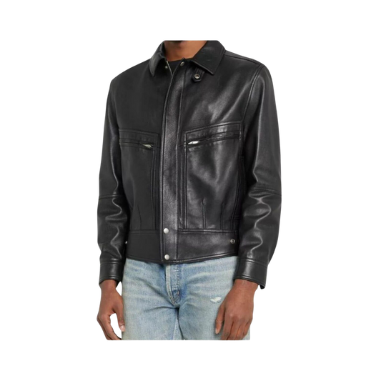 Black leather jacket worn by a person 