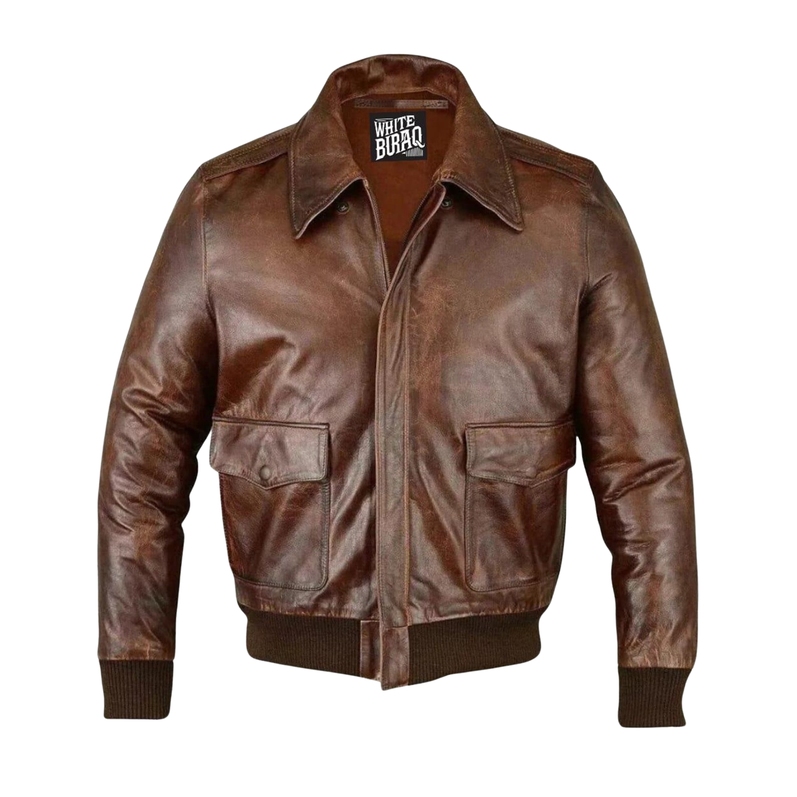 Brown leather jacket with a visible brand label 