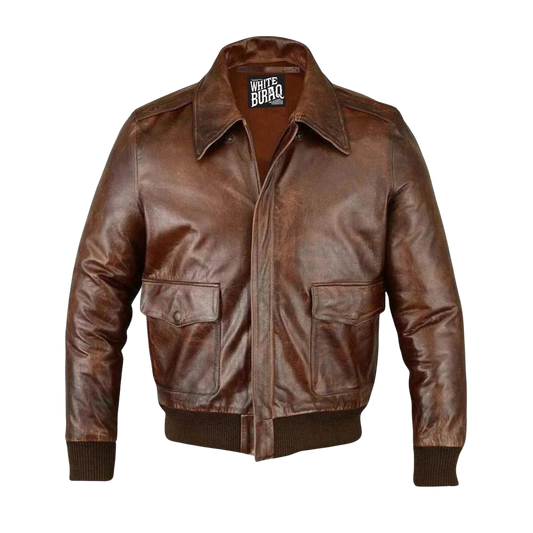 Brown leather jacket with a visible brand label 