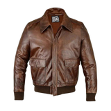 Brown leather jacket with a visible brand label 