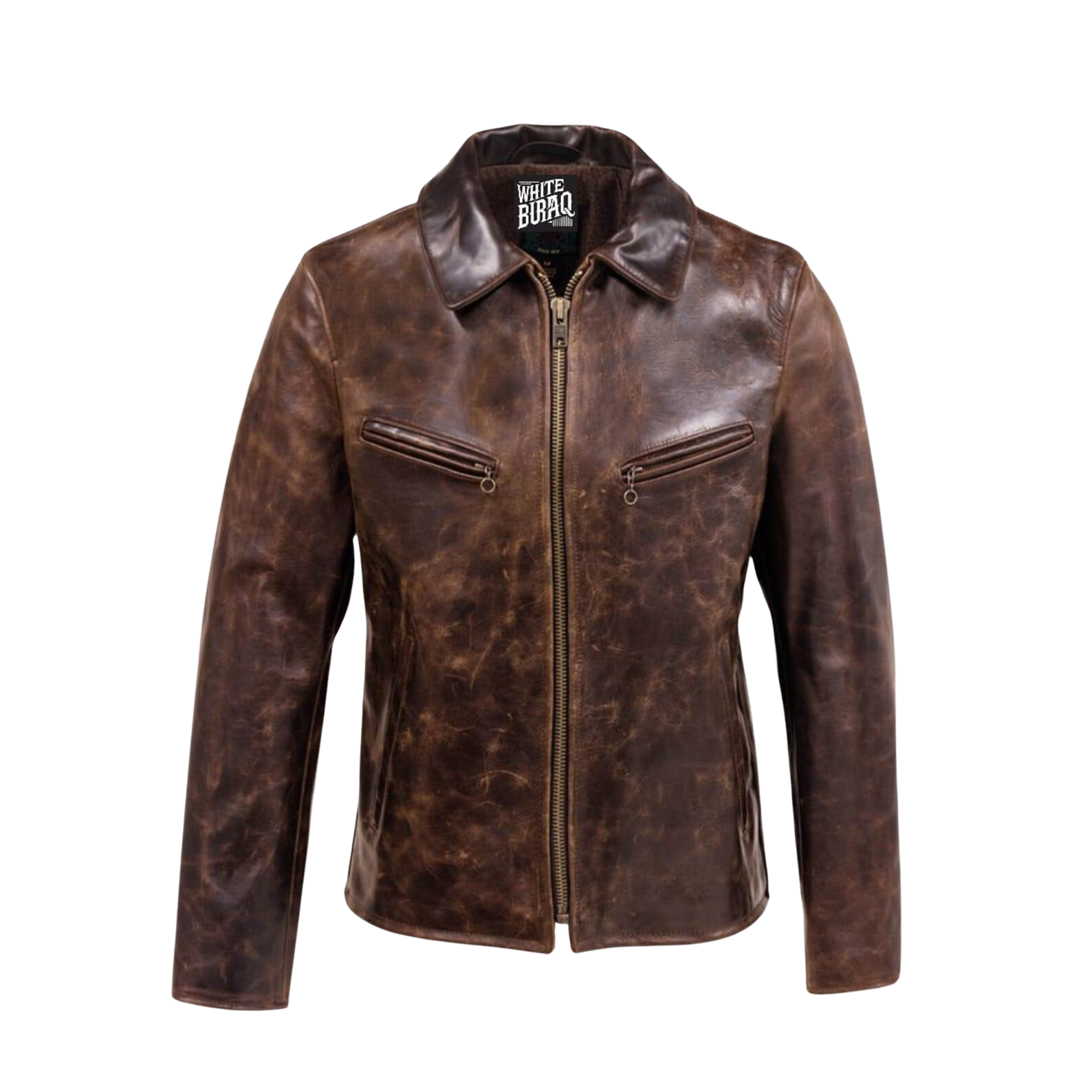 Brown leather jacket with a brand label on a white background