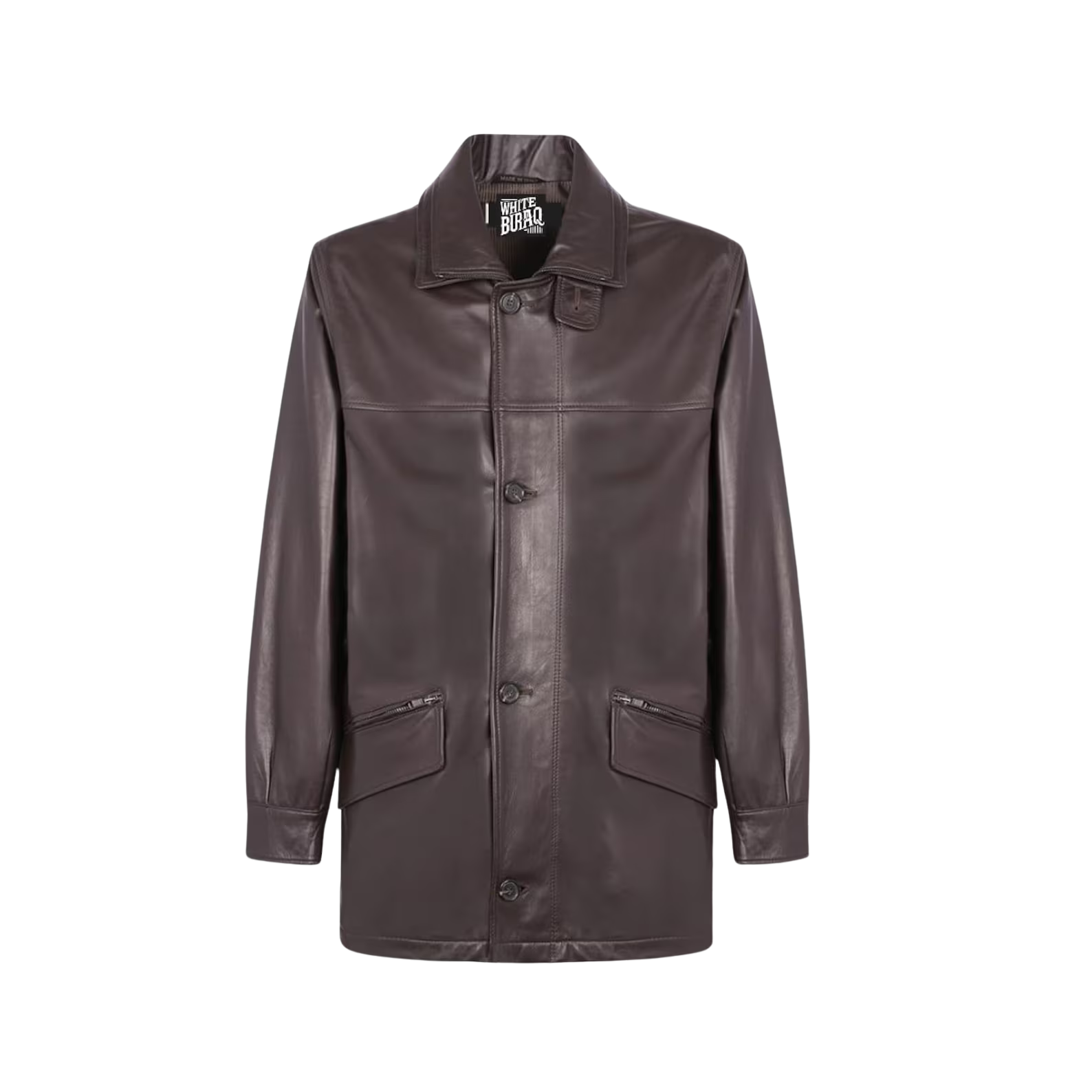 Brown leather coat with a brand label