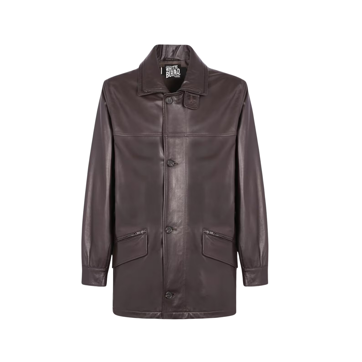 Brown leather coat with a brand label