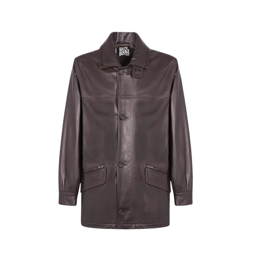 Brown leather coat with a brand label