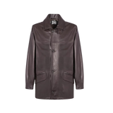 Brown leather coat with a brand label