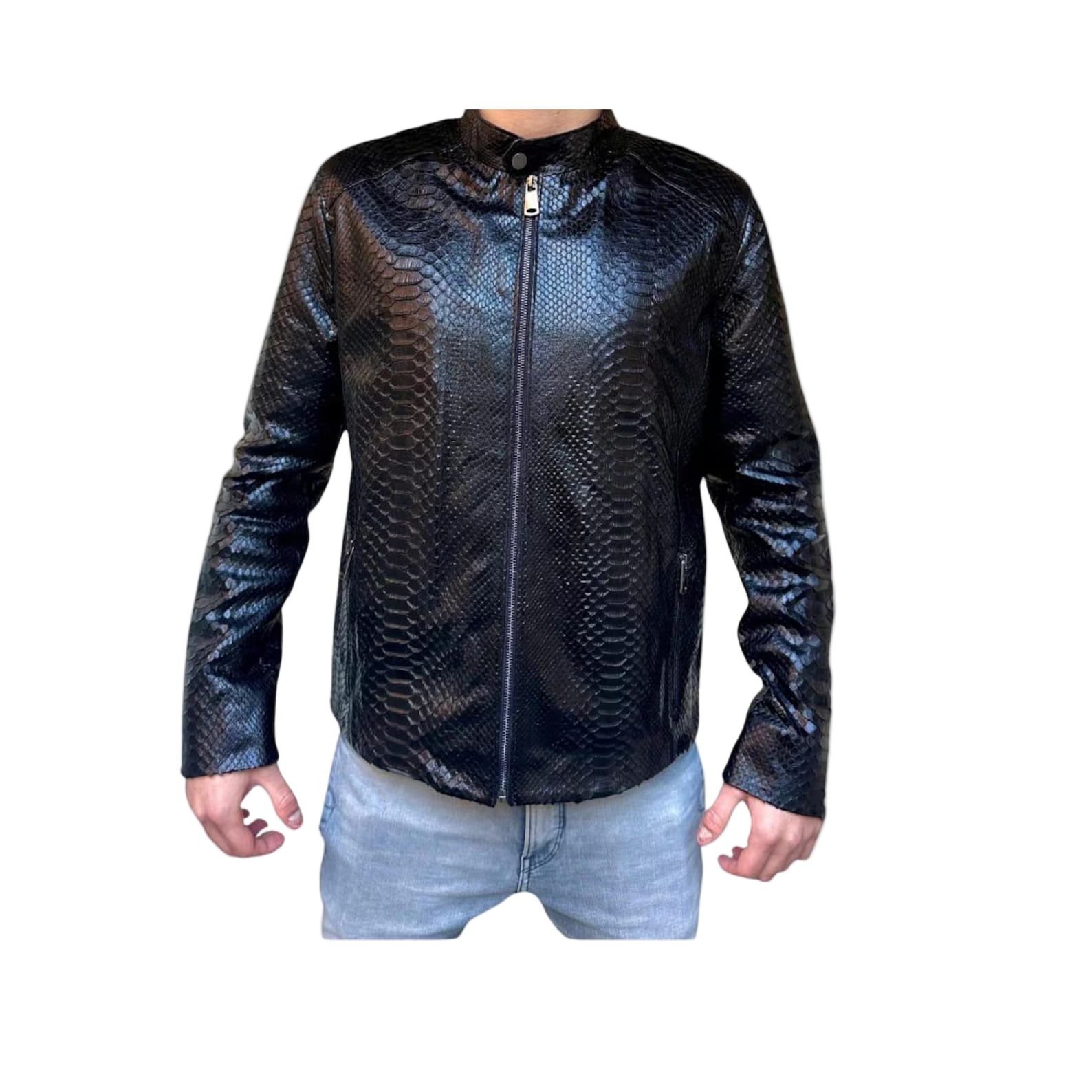 Black leather jacket with snake skin pattern worn by a person