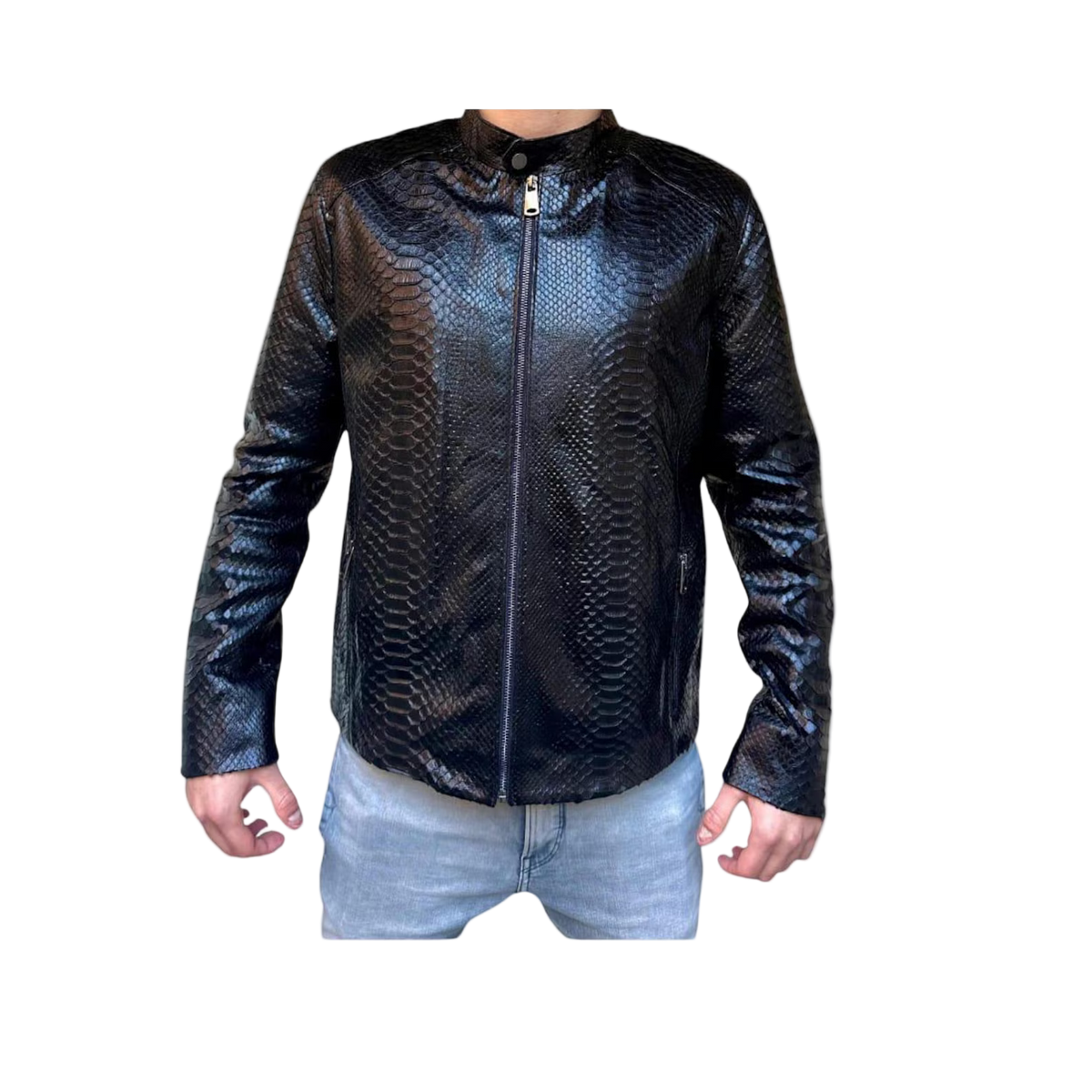 Black leather jacket with snake skin pattern worn by a person