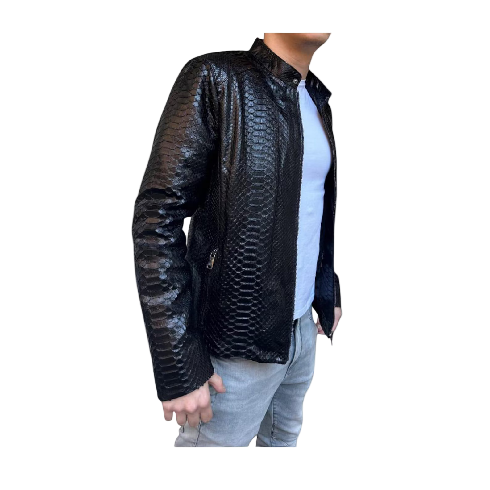Black textured leather jacket worn by a person 