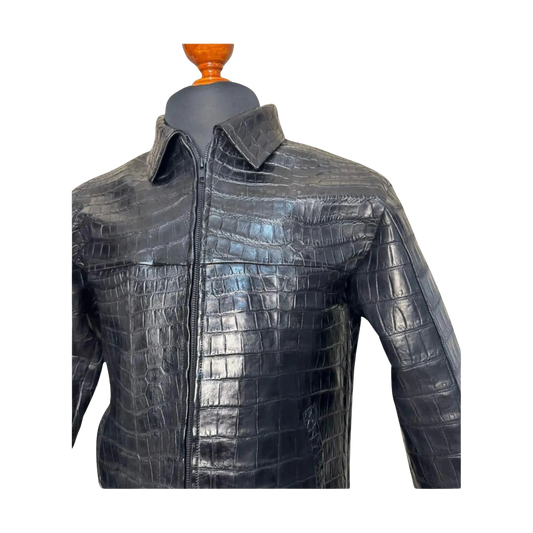 Black crocodile skin jacket on a mannequin 