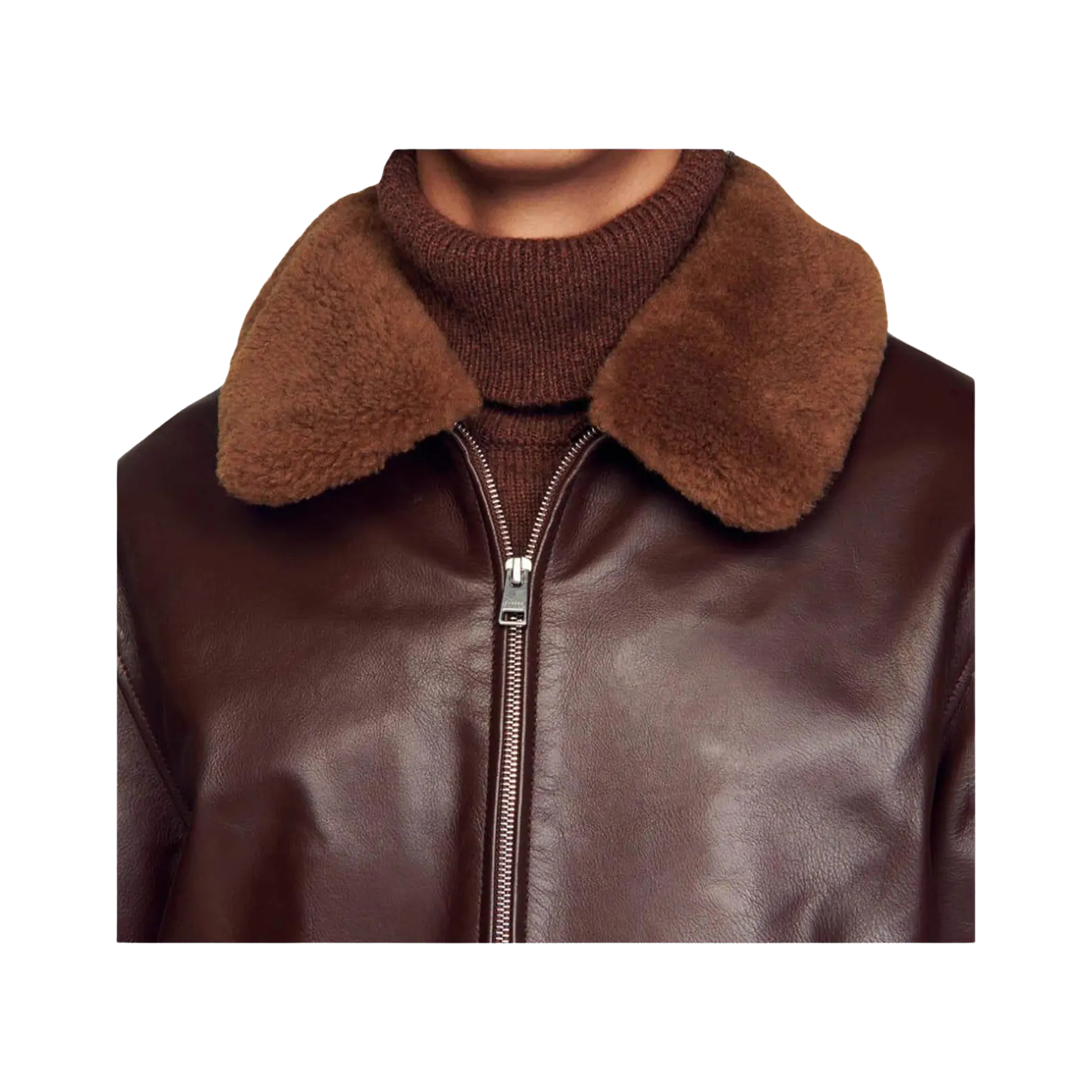 Brown leather jacket with a fur collar 
