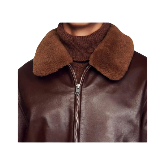 Brown leather jacket with a fur collar 