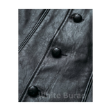 Close-up of a dark gray leather jacket with black buttons