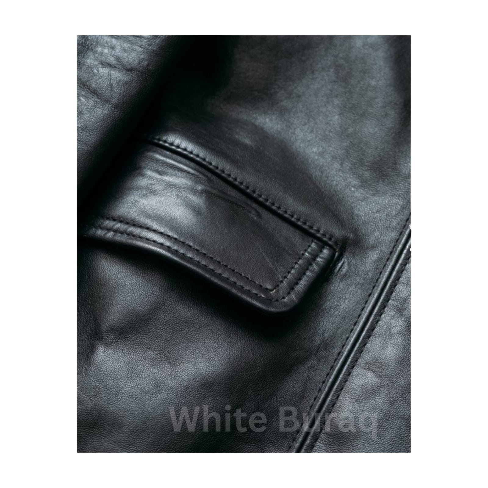 Close-up of a black leather jacket with a pocket,