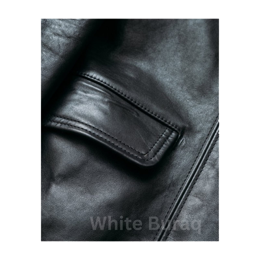 Close-up of a black leather jacket with a pocket,