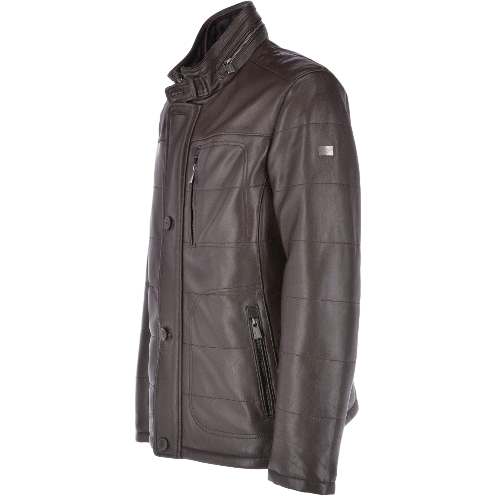 Black leather jacket with red patterns and 'White Buraq Leather Company' branding 