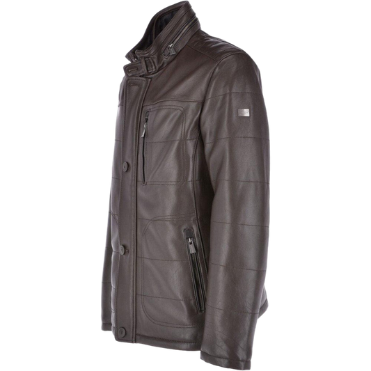 Black leather jacket with red patterns and 'White Buraq Leather Company' branding 