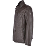 Black leather jacket with red patterns and 'White Buraq Leather Company' branding 