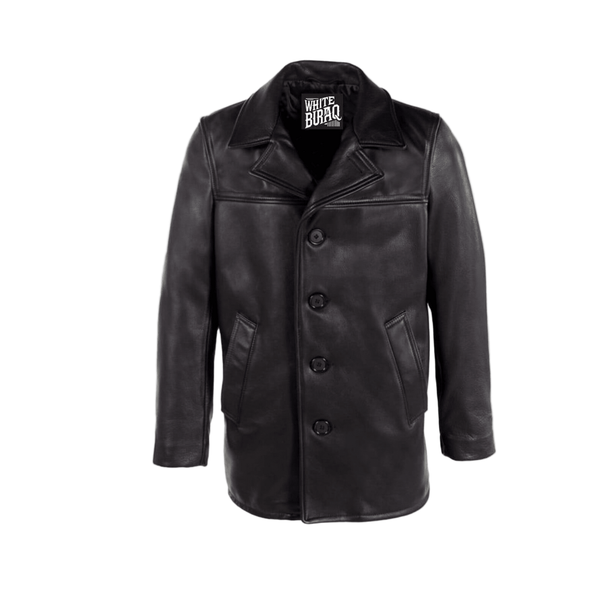 Black leather coat with visible brand label 