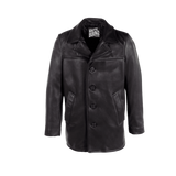 Black leather coat with visible brand label 