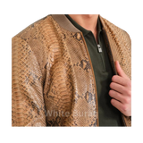 Snakeskin-patterned jacket worn by a person 